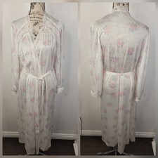 Vintage Miss Elaine Satin Robe Sz S Lace Semi sheer Floral Polka Dots USA Made