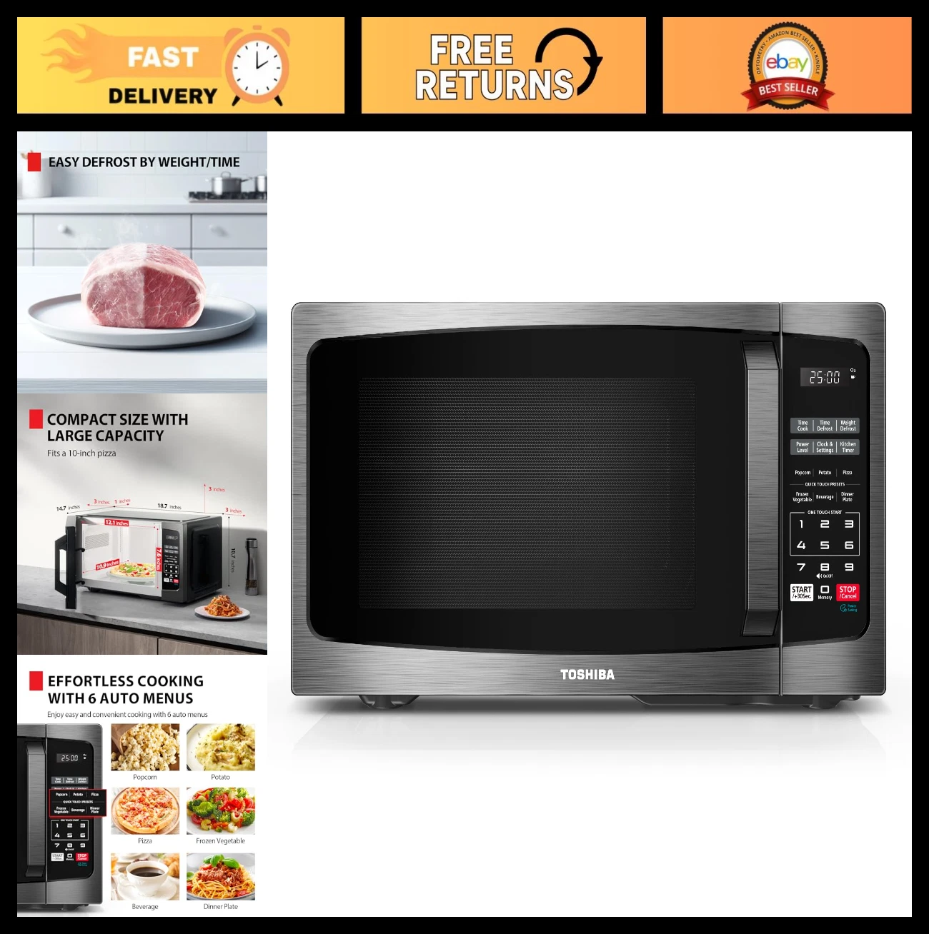 Compact Microwave Oven 0.9 Cu Ft with 6 Auto Menus, Mute Function, LED Light, 90
