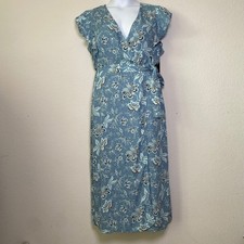 Vince Camuto Wrap Dress 8 Blue Womens Cottagecore Floral Ruffle Midi NWT Garden