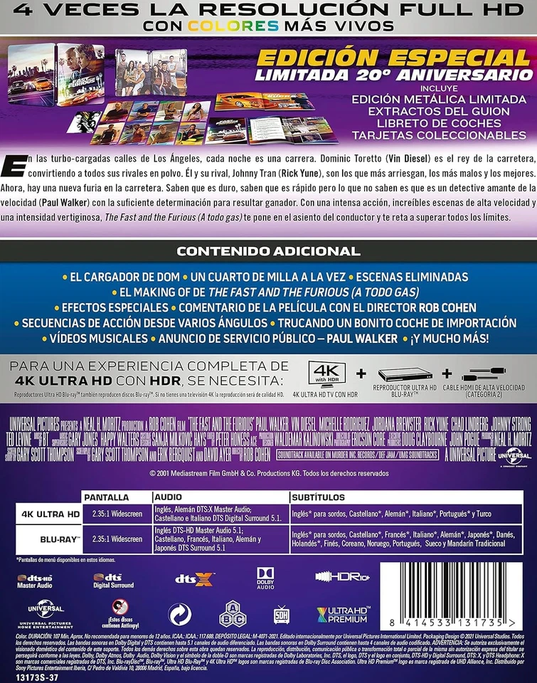 The Fast And The Furious Special 20Th Anniversary 4K UHD + Blu-Ray New A-B-C - Image 4 of 4