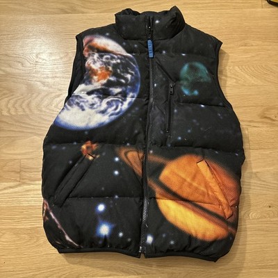Puffer Vest Full Zip Planets Space Solar System Black White Orange Size S-M Warm