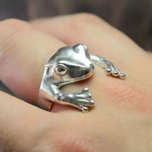 Jolie bague grenouille en argent, bague ouverte taille réglable - Photo 1 sur 4