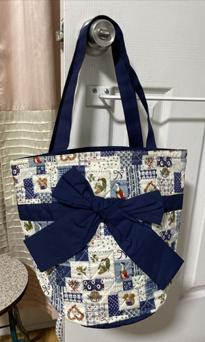 NEW NARAYA Quilt Patch & Blue Bow Ribbon Medium Shoulder Quilted Bag/Tote