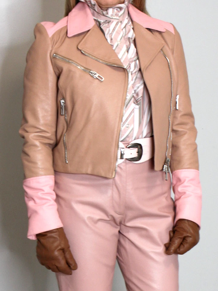 Chaqueta de motociclista de cuero para mujer rosa marrón XS-S DROMe recortada moto rara esposa de la mafia Foto 3 de 4