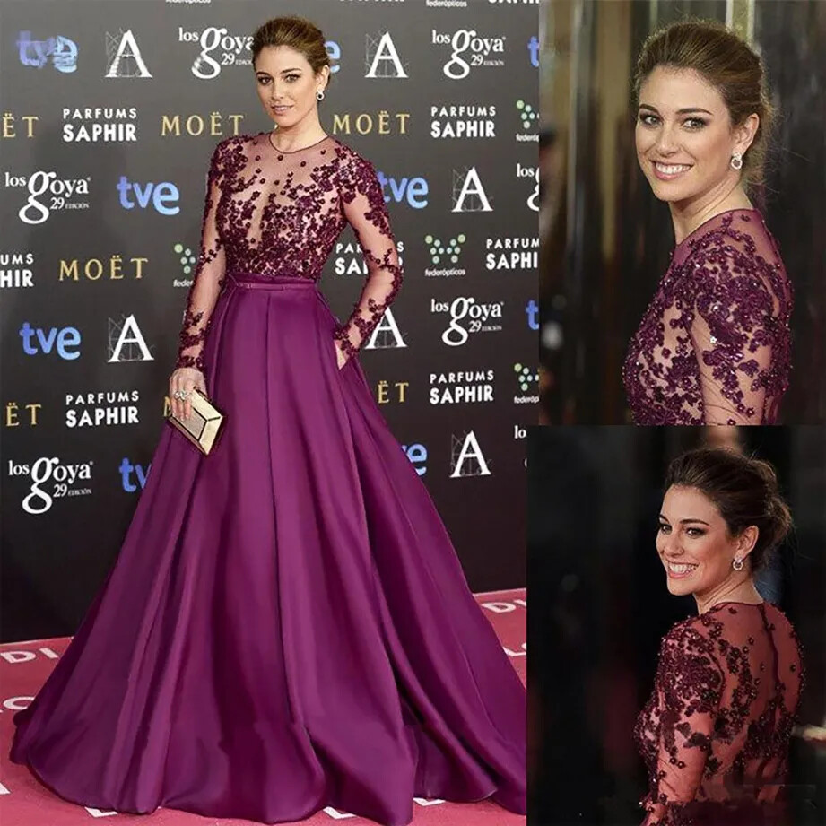 Elegant Illusion Purple Evening Dresses Lace Appliques Beaded Pageant Prom  Gowns | eBay