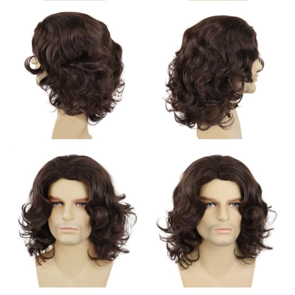 Short Men Wigs Synthetic Fiber Brown Wig Curly Hairstyle Retro Costume