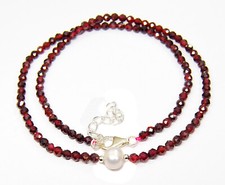 Heilstein Granat Damen Halskette 925 Silber facettiert Ø3 mm mit Süsswasserperle