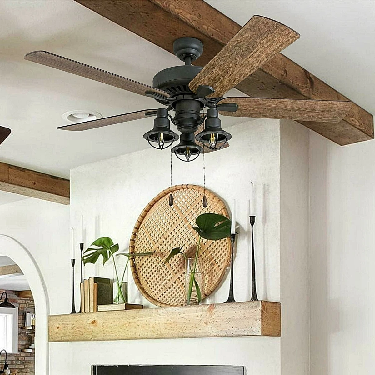 Rustic Industrial Farmhouse Ceiling Fan w Edison LED Light Kit Quiet Metal Wood