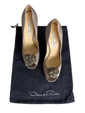 Oscar de la Renta Bronze Satin and Embellished Peep Toe Pumps Size 38