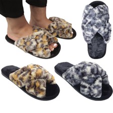LADIES SLIPPERS WOMENS FLUFFY FAUX FUR CROSS OVER SLIDERS SLIP ON MULES SIZES