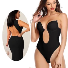 Women Seamless Deep V Bodysuit Backless Body Shaper Push Up Bra Shapewear Thong