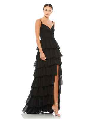 Mac Duggal Black Tiered Ruffle Empire Waist Chiffon Gown Size 6 $398