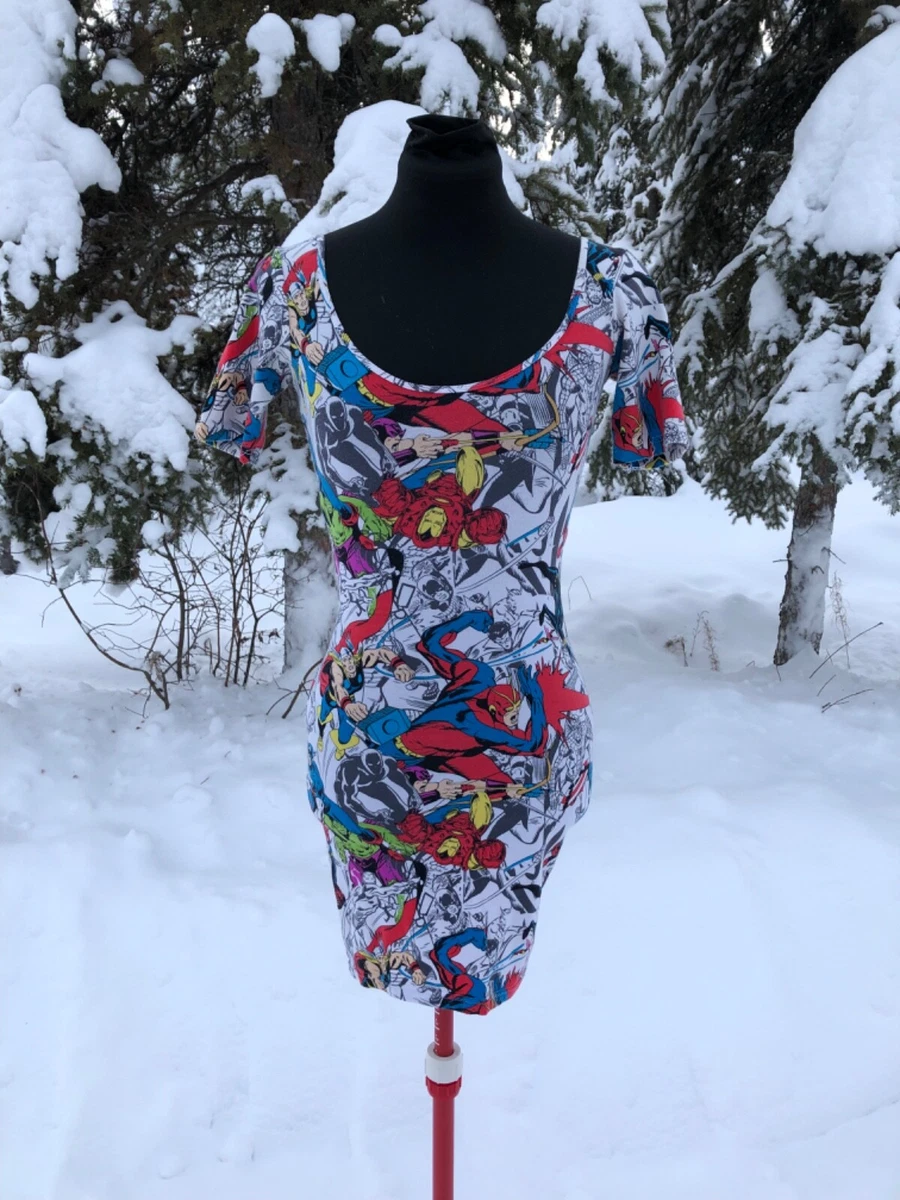 Marvel Comics Avegengers Bodycon Mini Dress Size XS Ironman Hulk Thor Black Wido