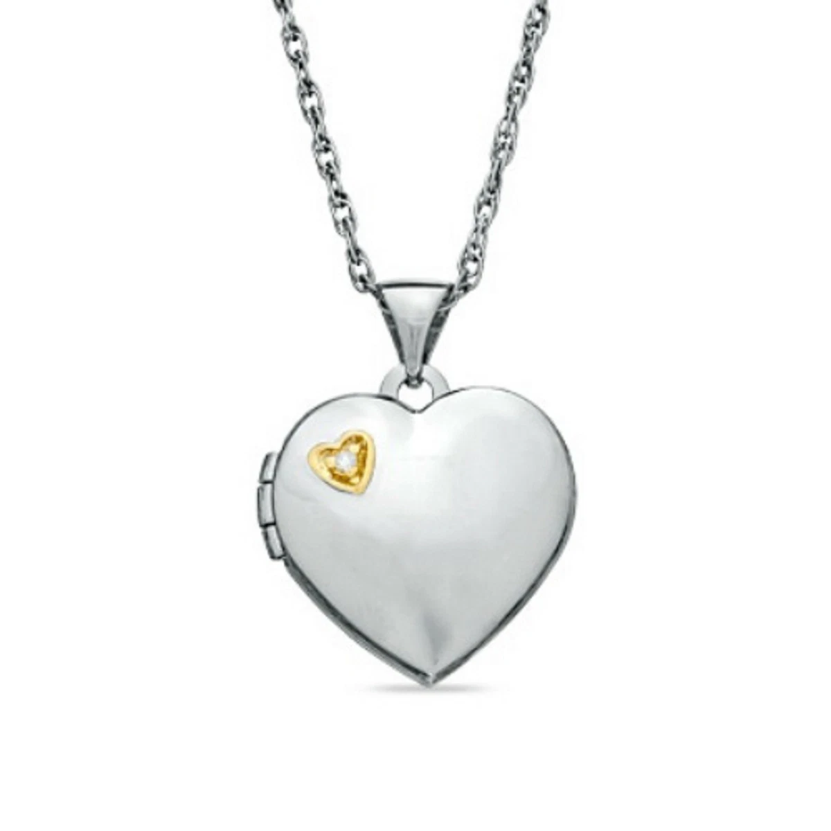 Zales Diamond Heart Locket Pendant Necklace Two Tone Sterling