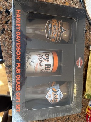 Harley Davidson Pub Glass Gift Set 2010 Tulip Shaped Glasses Pistons Chrome Seal