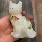 Vintage Fenton White Opalescent Cat Hand Painted Red Holly Berries Leaves Signed