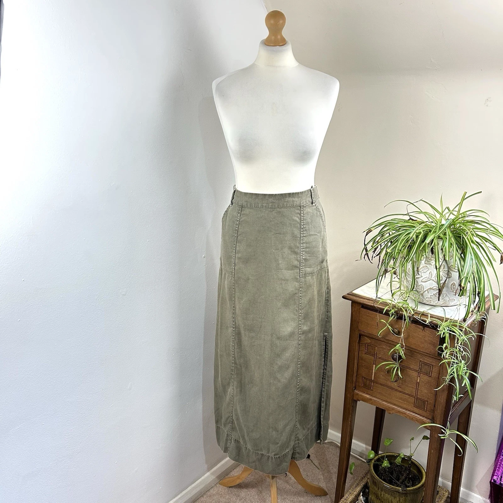 White Stuff Midi Skirt Size 12 Khaki Green Linen Utility Preppy Cargo Chore