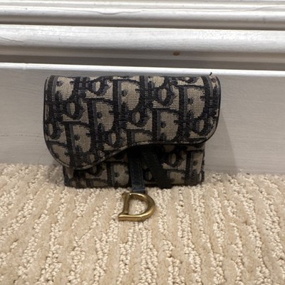Christian Dior Logo Folding Wallet with Metal D Charm Black Beige