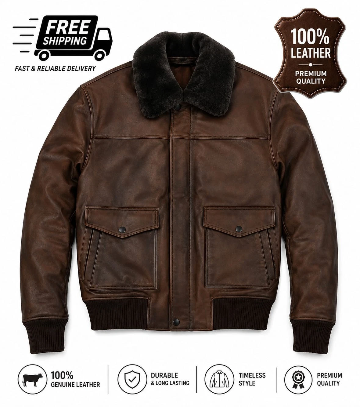 Men's Vintage Brown Leather Bomber Jacket Fur Collar Winter Flight Coat Aviator