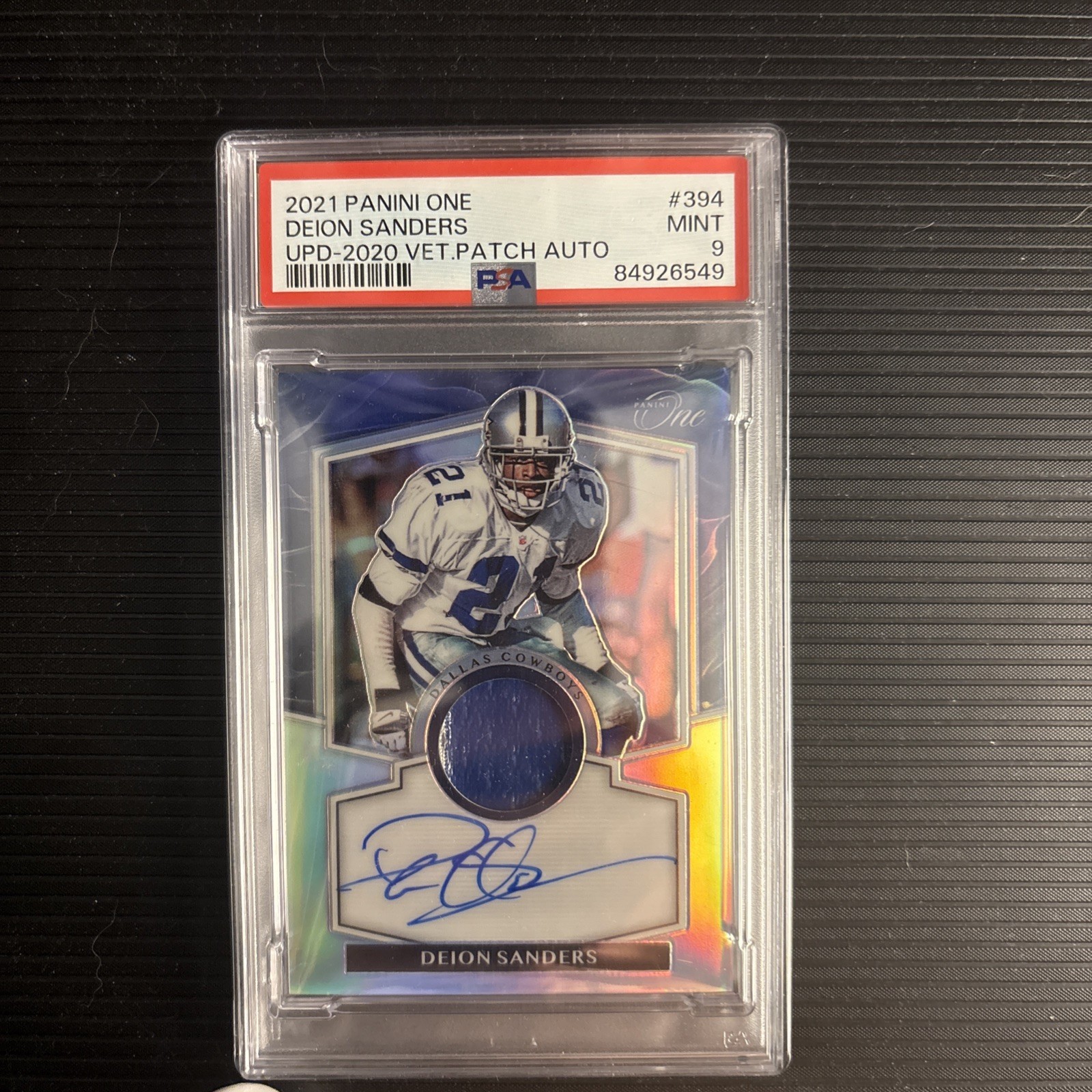 Panini 2021 One Deion Sanders Veteran Game Used Patch Auto PSA 9 /15 view 1
