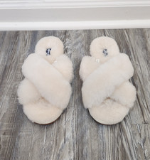 Lands End Women's Size 8 Shearling Open Toe Cross Straps Faux Fur Slide Slippers