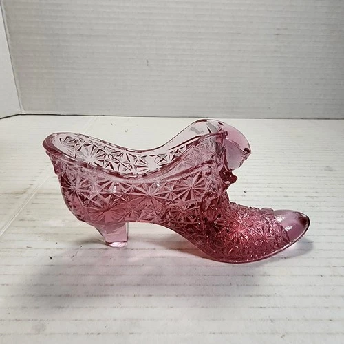 Fenton Art Glass Shoe Figurine Pink Daisy & Button W/Cat Head EUC