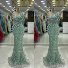 Glitter Mint Green Mermaid Wedding Evening Dresses Crystals 3D Leaf Party Gowns