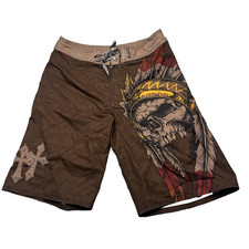 Affliction Shorts Mens 34 Brown Boardshorts Skull Headdress Graphic Surf Swim