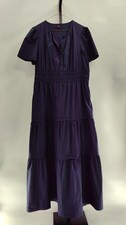 Quince Women 100% Organic Cotton Poplin Tiered Maxi Dress Navy Basic Sleeved XL
