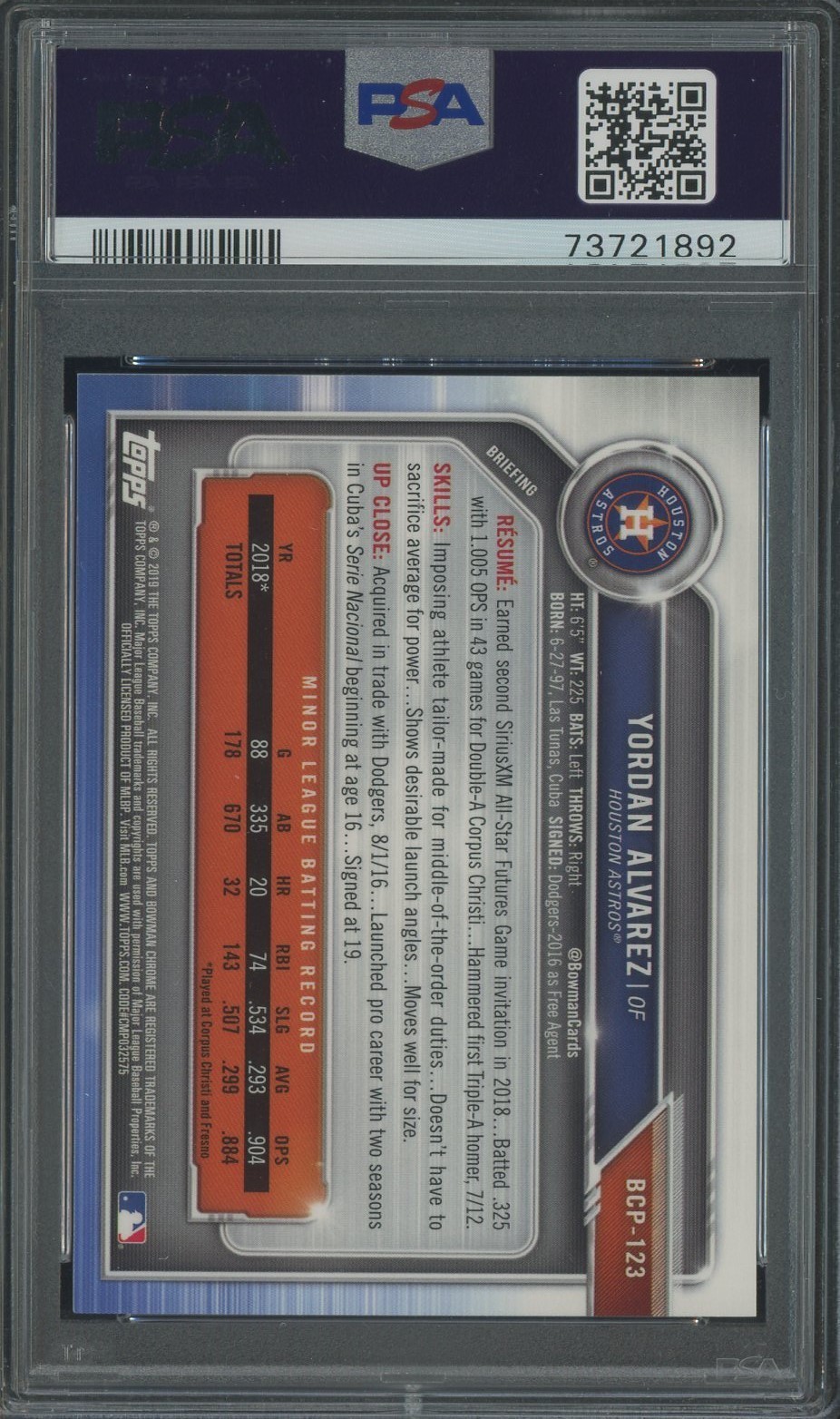 2019 Bowman Chrome Blue Shimmer Refractor #123 Yordan Alvarez RC /150 PSA 9 view 2