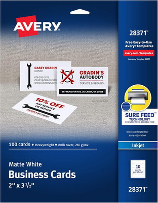 Avery Printable Business Cards with Sure Feed Technology, 2'' X 3.5'', White, 100