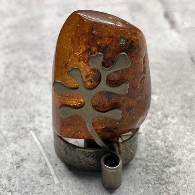 Baltic Raw Amber Stone, Brass Setting, Lithuania Collectible Souvenir #M34