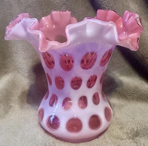 Vintage Fenton Cranberry Opalescent Coin Dot 6" Vase