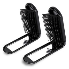 2 Pcs Foldable Hair Brush with Mirror Portable Travel Pocket blac