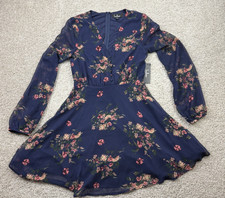 LULUS Floral Print Midi Dress Long Sheer Sleeves Zip Back Size Small Blue New