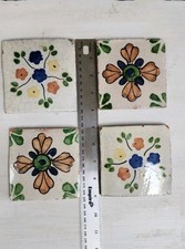 Vintage Talavera Ceramic Tiles 4 X 4 Handcrafted Floral Design Mexico 4 Pc