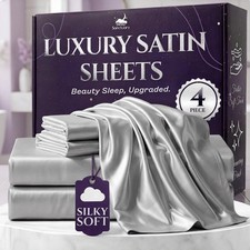 Satin Sheets Full Size   4 Piece Luxury Silky Bed Set, Softer Than Silk, 15"