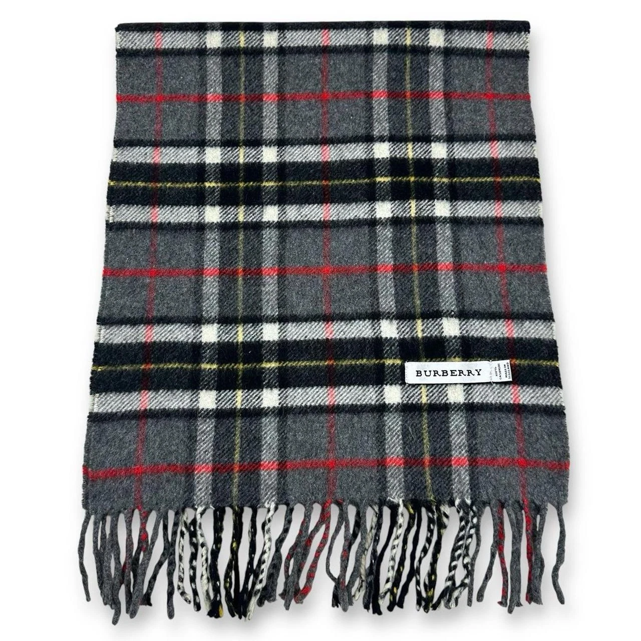 Vintage Burberry 100% Cashmere Checked Scarf, Grey Black Cream Yellow Red (A71)