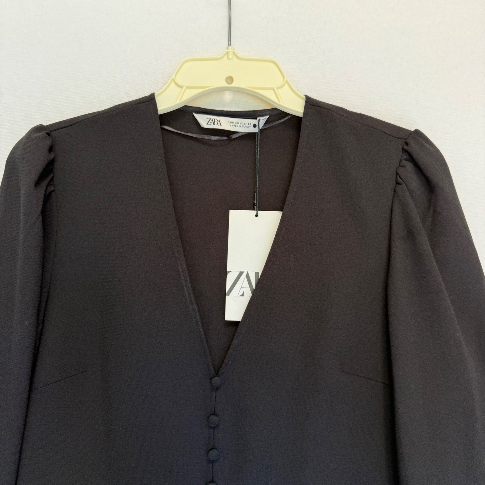 ZARA Black Puff Sleeve V Neck Button Front Dress  Size M New with tags.