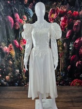 80s VINTAGE TEA-LENGTH WEDDING DRESS  Puffy Sleeves Lace High Neck White Satin