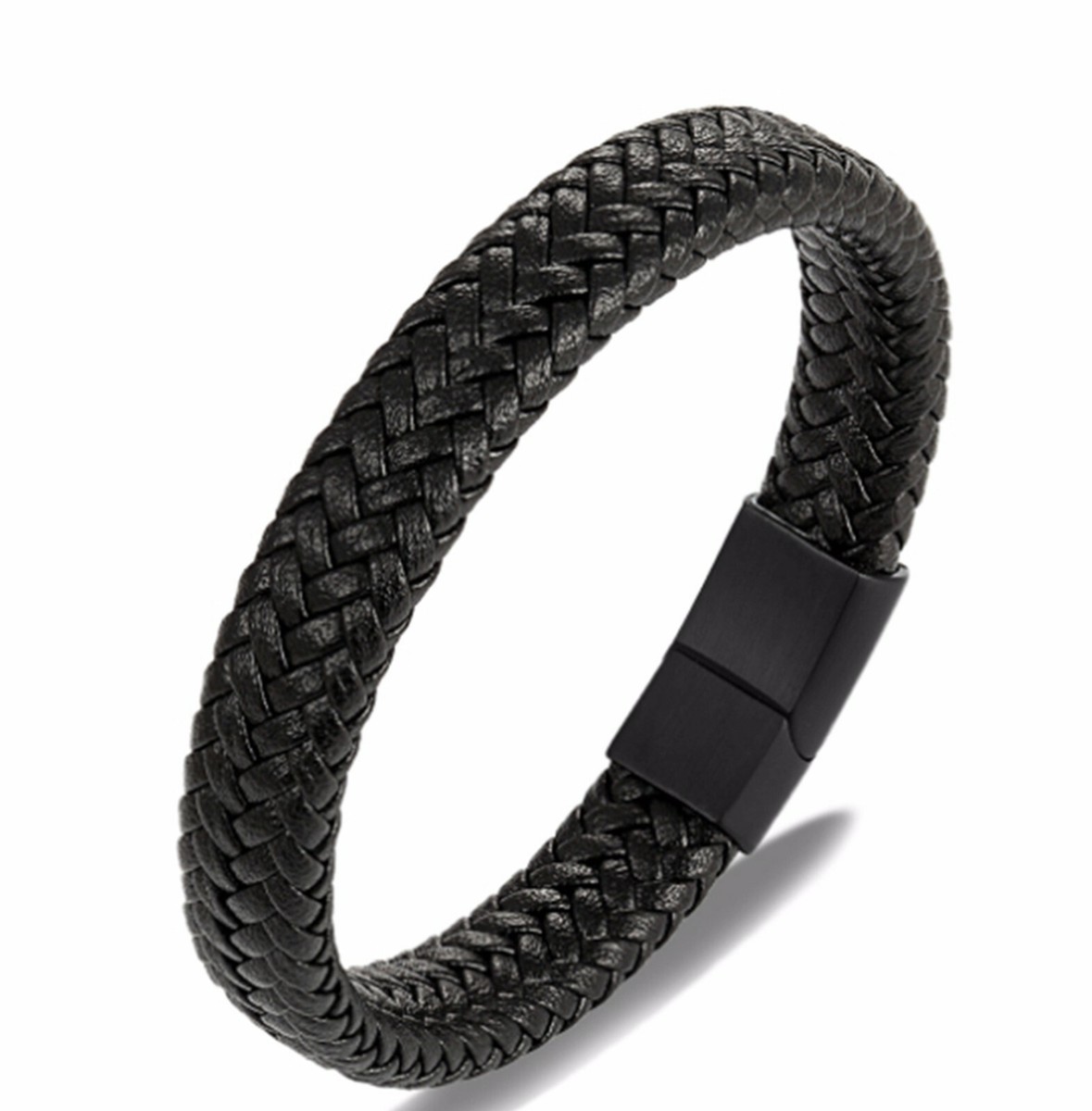 Men's Women's Black Braided Genuine Leather Bracelet / Wristband