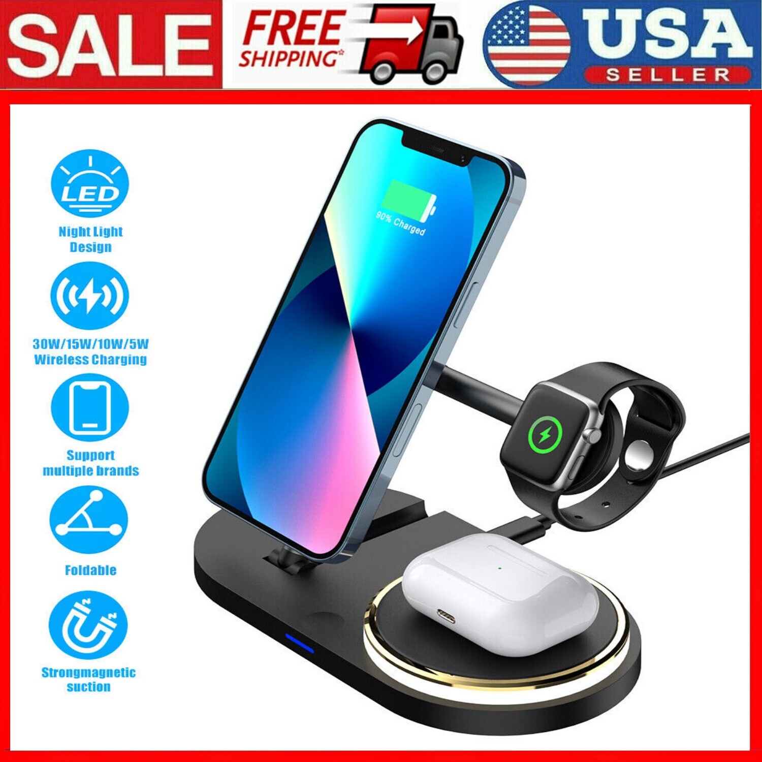 Wireless Charger Dock Charging Station 3 in 1 For Apple Watch iPhone 16 15 14 13-image