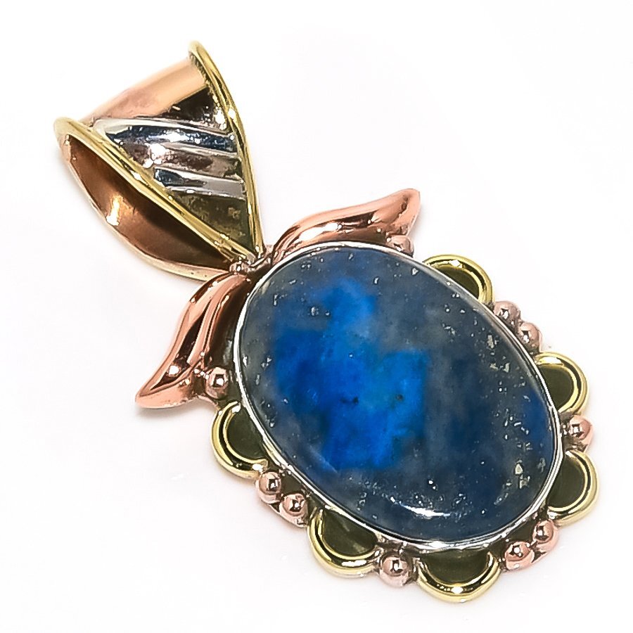 Natural Lapis Lazuli TwoTone 925 Solid Sterling Silver Gift Pendant 1.25