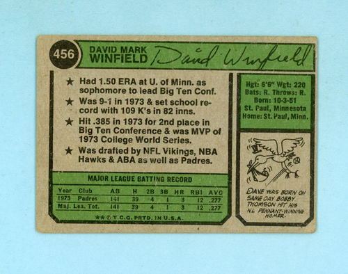 1974 Topps #456 Dave Winfield San Diego Padres Rookie Baseball Card Low Grade - 第 2/2 張圖片