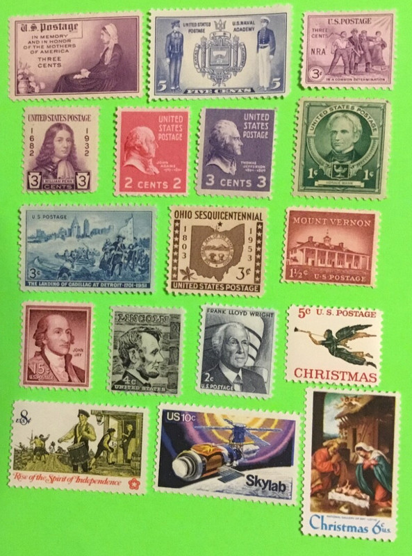 moms  OLD  Historical Lot of 17 1932-1974 unused 1-15 cent US stamps & LOW SHIP