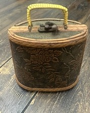 VTG Small Wood And Bamboo Floral Plant Embossed Handle Purse Lined Boho