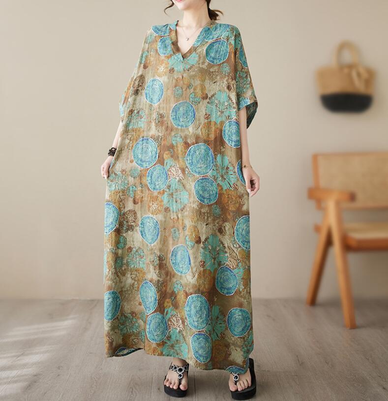 Womens Fashion Summer V Neck Cotton Linen Printed Dress BOHO Holiday Beach  Maxi | eBay