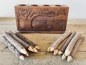 Laser Cut Wood Pencil Holder With 13 Natural Bark Twig Graphite Pencils