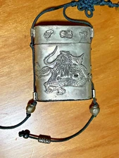 Vintage Tibet Chinese Snuff Box Pendant Dragon & Phoenix & Lucky Knot Necklace