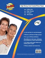150 Sheets Photo Paper, Premium High Glossy Letter Size, 115gram Weight.